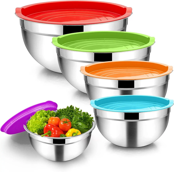 5-PIECE STAINLESS STEEL MIXING BOWLS SET WITH AIRTIGHT LIDS NESTING SALAD BOWLS