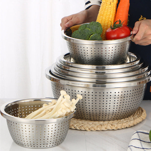 THICKEN STAINLESS STEEL DRAIN BASIN VEGETABLE FRUIT COLANDER RICE SIEVE KITCHEN ACCESSORY