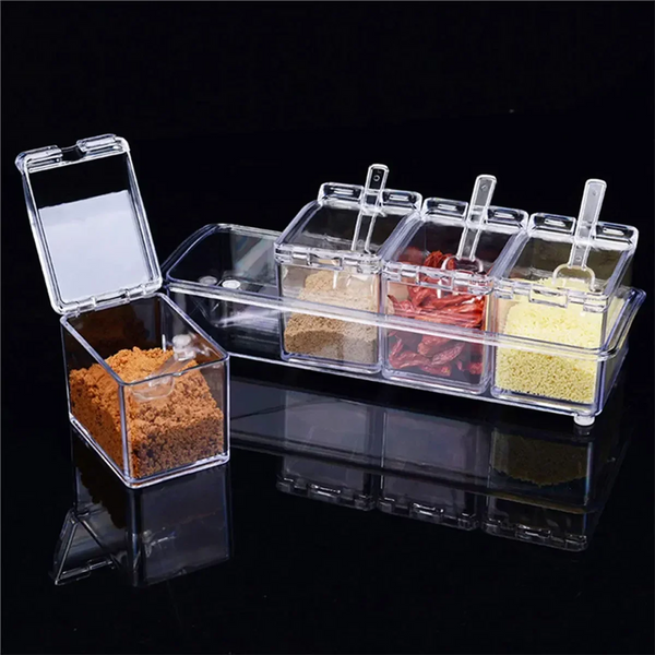 CLEAR SEASONING BOX SET OF 4 CRYSTAL STORAGE CONTAINER WITH SPOON SPICE RACK FOR PEPPER