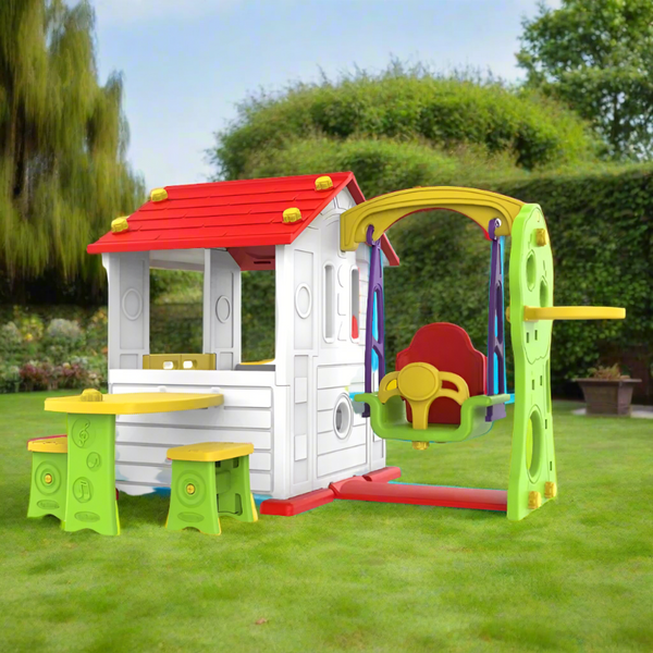 KIDS ACTIVITY PLAYHOUSE WITH SWING TABEL CHAIR & BASKETBALL