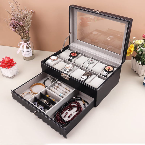 12X SLOTS DOUBLE LAYERS LEATHER WATCH STORAGE BOX