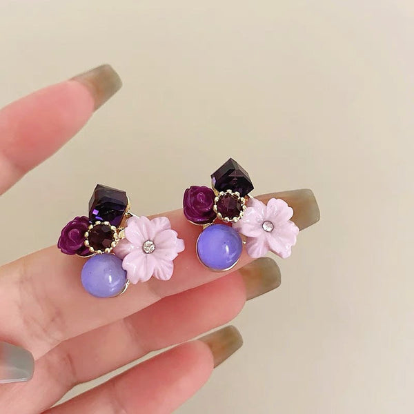 CRYSTAL FLOWER STUD EARRINGS KOREAN STYLE  ELEGANT WOMEN'S JEWELRY