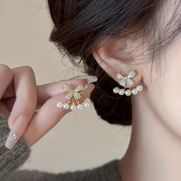 KOREAN LUXURY ZIRCON BOW STUD EARRINGS FOR WOMEN, PEARL BOW KNOT JEWELRY