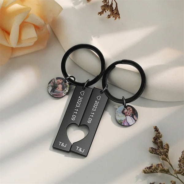 Custom Matching Keychain, Couple Keychain with Photo, Engraved Keychain, Valentine's Day Gift for Boyfriend Girlfriend, Couple Keychain Set