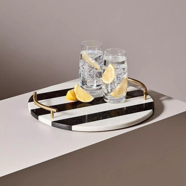 MODERN B&W MARBLE GRANITE TRAY WITH GOLD HANDLE